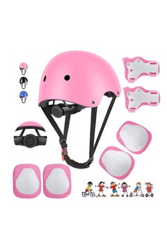 Generic Roller Skating protective gear children's helmet set of riding elbow wristband, skateboard skates balance bike helmet knee pads 7 pcs - Pink  - Image 1