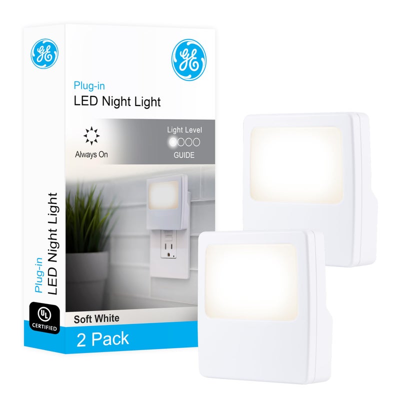 GE White AlwaysOn LED Night Light Plug into Wall Compact Soft Glow ULListed Ideal for Bedroom Nursery Bathroom Hallway 11311 2 Pack