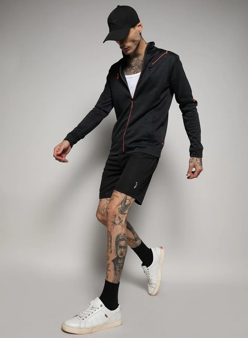 Campus Sutra Men's Black Heathered Activewear Jacket With Reflective Detail