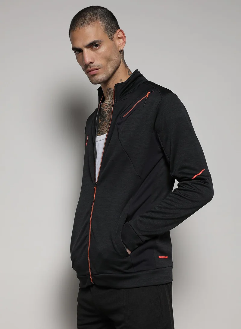 Campus Sutra Men's Black Heathered Activewear Jacket With Reflective Detail