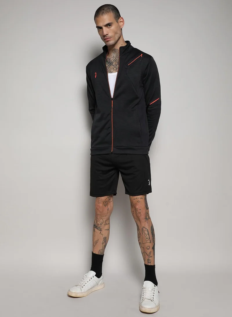 Campus Sutra Men's Black Heathered Activewear Jacket With Reflective Detail
