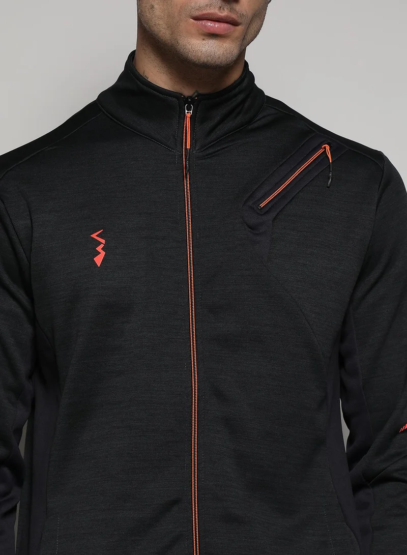 Campus Sutra Men's Black Heathered Activewear Jacket With Reflective Detail