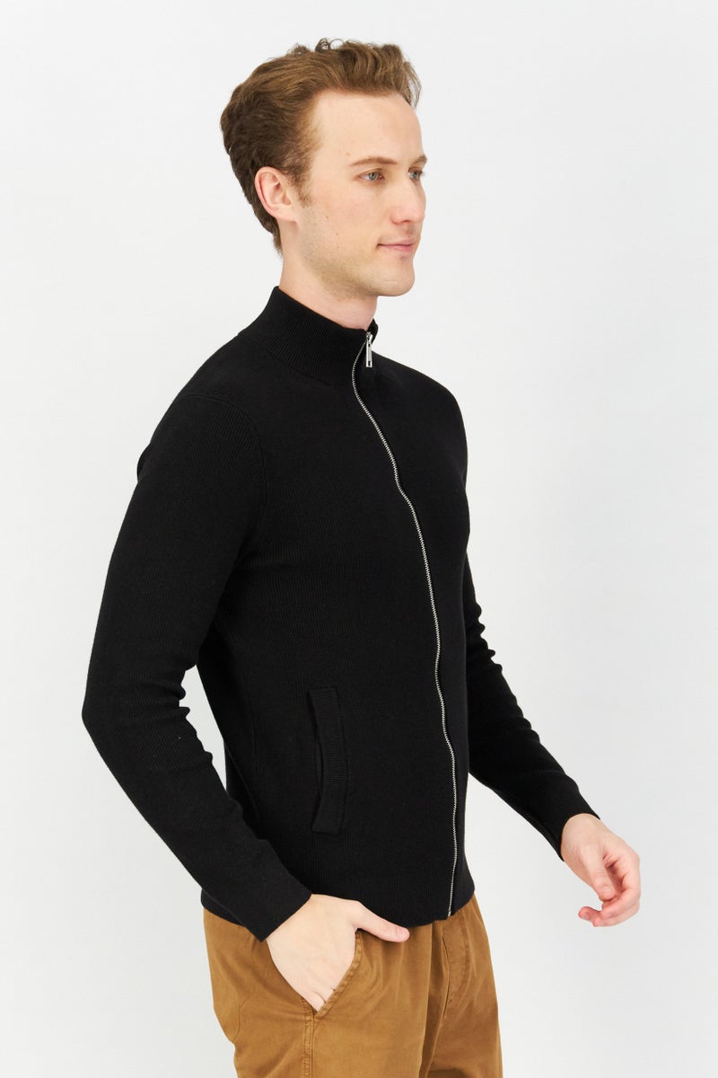 Celio Men High Neck Textured Long Sleeves Cardigan, Black  - Image 2