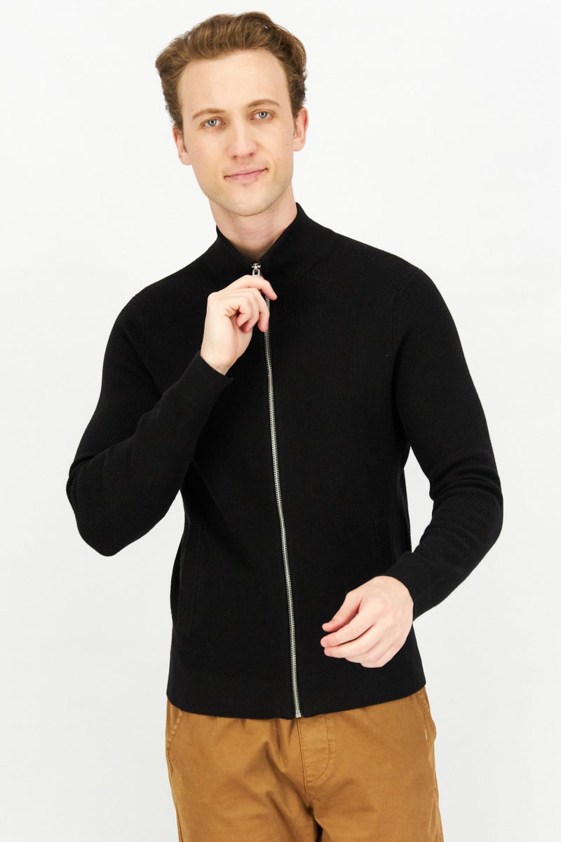 Celio Men High Neck Textured Long Sleeves Cardigan, Black  - Image 1