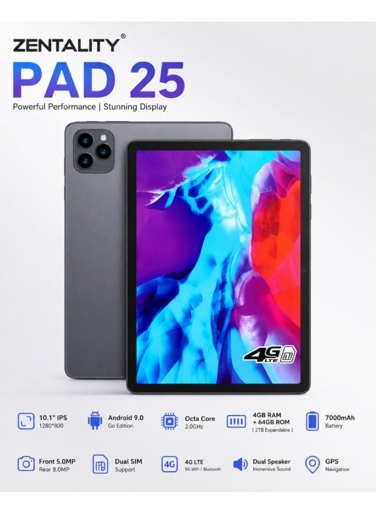 Zentality PAD 25 Tablet, Android 9, 10.1-Inch Display, 4GB RAM, 64GB Storage, 4G LTE, 7000mAh Battery, with Keyboard, Mouse and Stylus, Gray - Image 2
