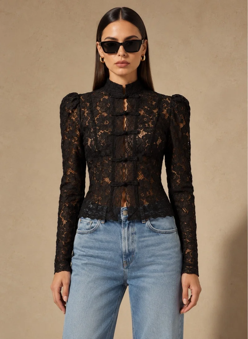 Ginger Mock Neck Lace Button Down Shirt