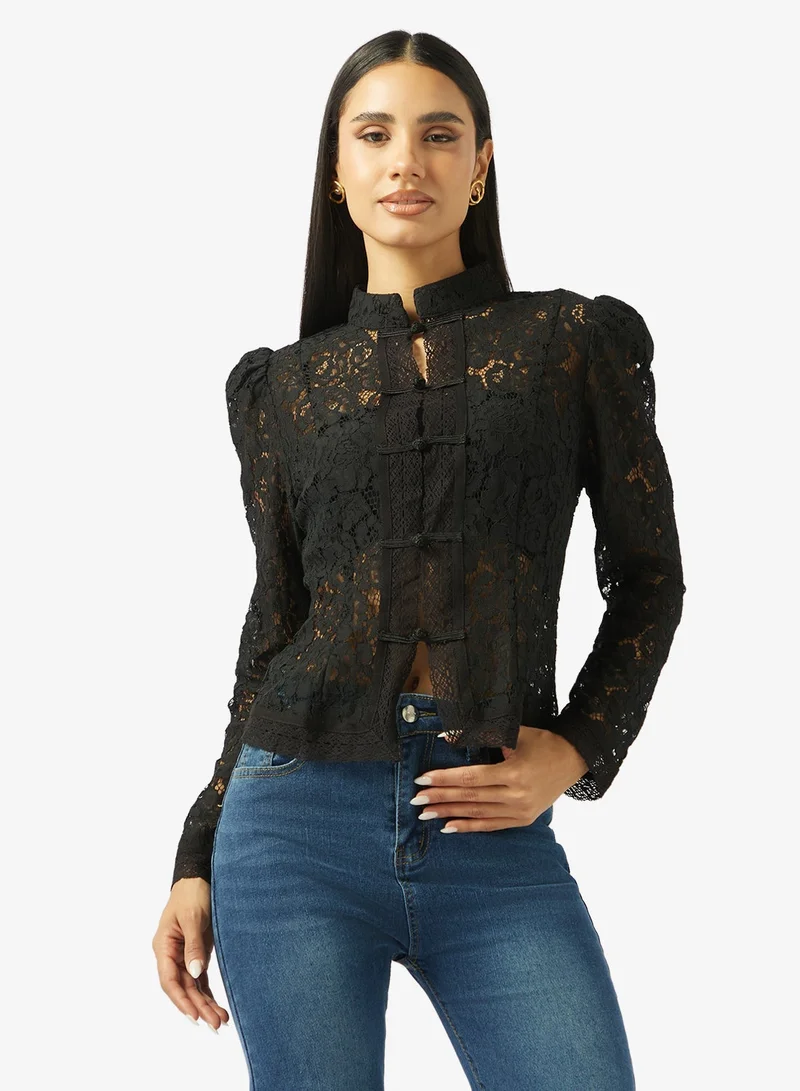 Ginger Mock Neck Lace Button Down Shirt