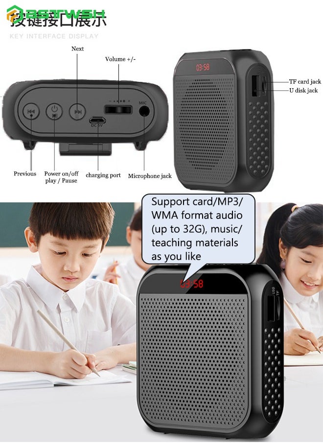 BSTWSH - Voice Amplifier with Wired Microphone Headset - Portable Rechargeable Multifunctional Loudspeaker with Noise Reduction for Teacher/Tour Guide/Conference/Coach - Supports TF Card and U Disk - Black - Image 1