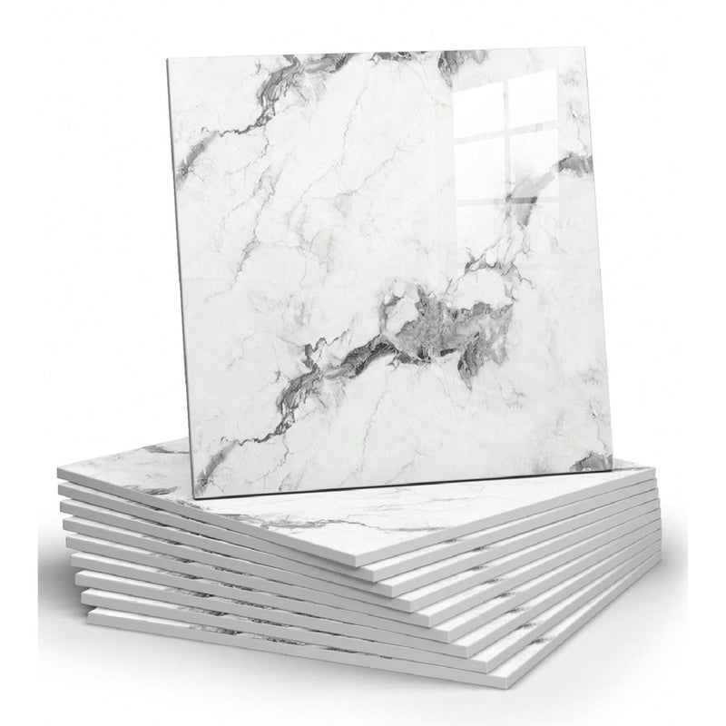 Chejiaye 10pcs Marble Peel and Stick Backsplash Waterproof Washroom Wall Panels, Peel and Stick Tile, PVC Foam Wall Panels for Kitchen,Bathroom,Living Room,White Grey(Not Real Tile,11.8" x 11.8") - Image 1