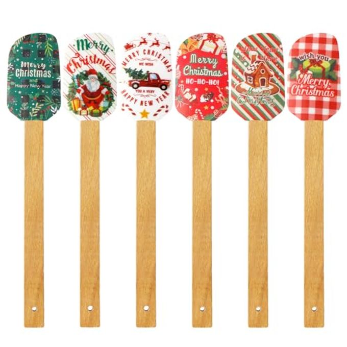 Patelai Christmas Silicone Spatula With Wooden Handle - Xmas Cake and Snowmen Pancake Spatula, Cute Pan Scraper, Dish Scraper for Kitchen Mixing Cooking (Chic Style, 6 Pieces)