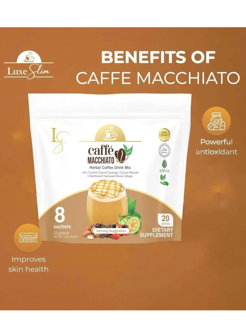 Luxe Slim Caffé Macchiato Drink – Arabica Coffee with L-Carnitine, Garcinia & Collagen | 21g x 8 Sachets | Dietary Supplement - Image 1