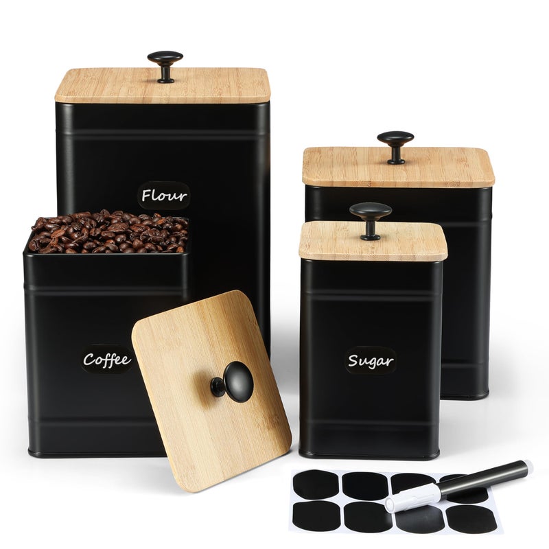 PERFNIQUE Kitchen Canisters, Canister Sets for Kitchen Counter, Farmhouse Kitchen Canisters for Countertop Set of 4, Coffee Tea Sugar Flour Spice Tin Jars Food Storage Container with Lid(Black) - Image 1