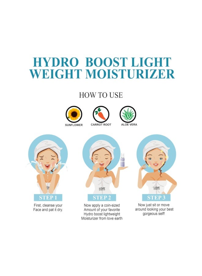 Love Earth HYDRO BOOST LIGHT WEIGHT MOISTURIZER FOR OIL-FREE, LIGHTWEIGHT & NON-GREASY FORMULA FOR ALL SKIN TYPES - 50GM - Image 4
