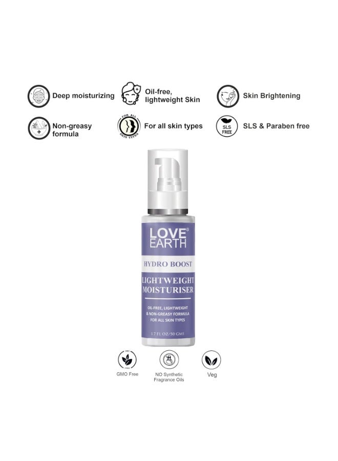 Love Earth HYDRO BOOST LIGHT WEIGHT MOISTURIZER FOR OIL-FREE, LIGHTWEIGHT & NON-GREASY FORMULA FOR ALL SKIN TYPES - 50GM - Image 3