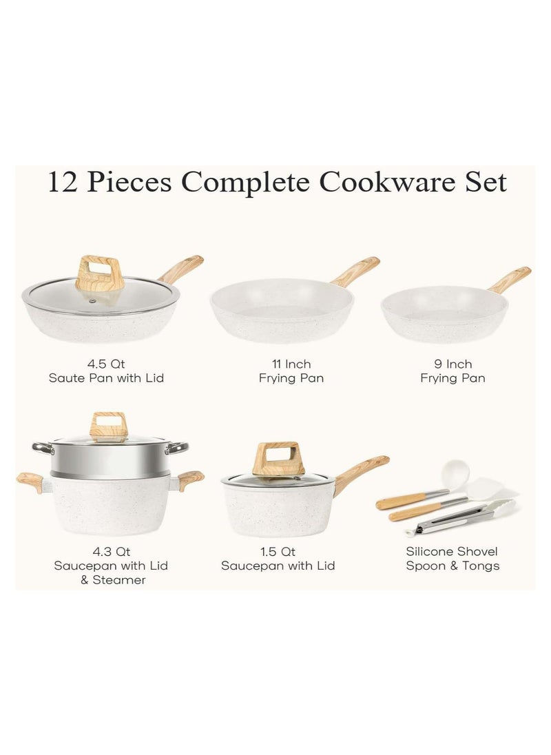 Swift 12 Pcs Kitchen Cookware Sets, Pots and Pans Set Non Stick, Induction Cookware Granite Cooking Set with Frying Pans, Saucepans, Steamer Silicone Shovel Spoon & Tongs  - Image 5