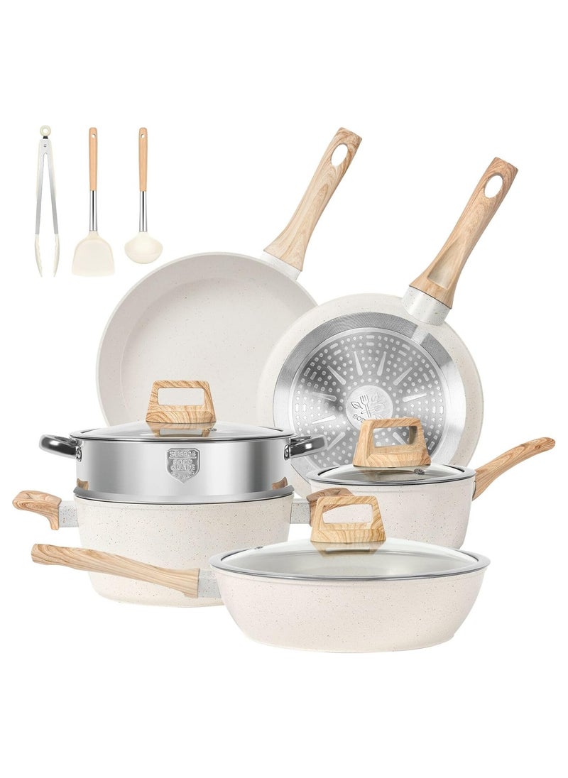 Swift 12 Pcs Kitchen Cookware Sets, Pots and Pans Set Non Stick, Induction Cookware Granite Cooking Set with Frying Pans, Saucepans, Steamer Silicone Shovel Spoon & Tongs  - Image 1