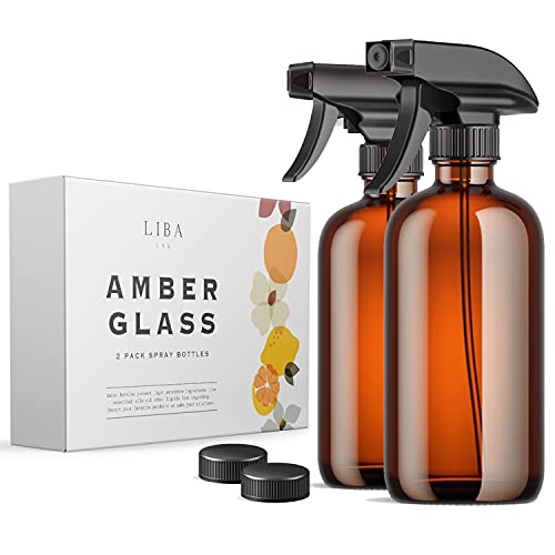 LiBa Amber Glass Spray Bottles 2 Pack 16 oz Refillable Empty Spray Bottle for Cleaning Essential Oils Hair Plants Adjustable Nozzle for Squirt and Mist BleachVinegarRubbing Alcohol Safe