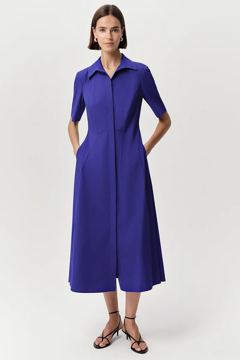 EXQUISE Short-Sleeved Shirt Collar Regular Midi Dress