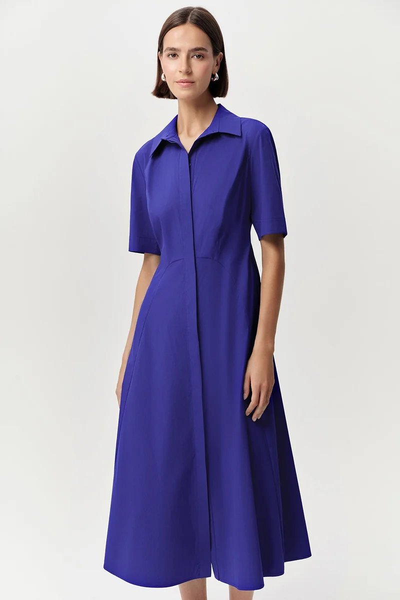 EXQUISE Short-Sleeved Shirt Collar Regular Midi Dress