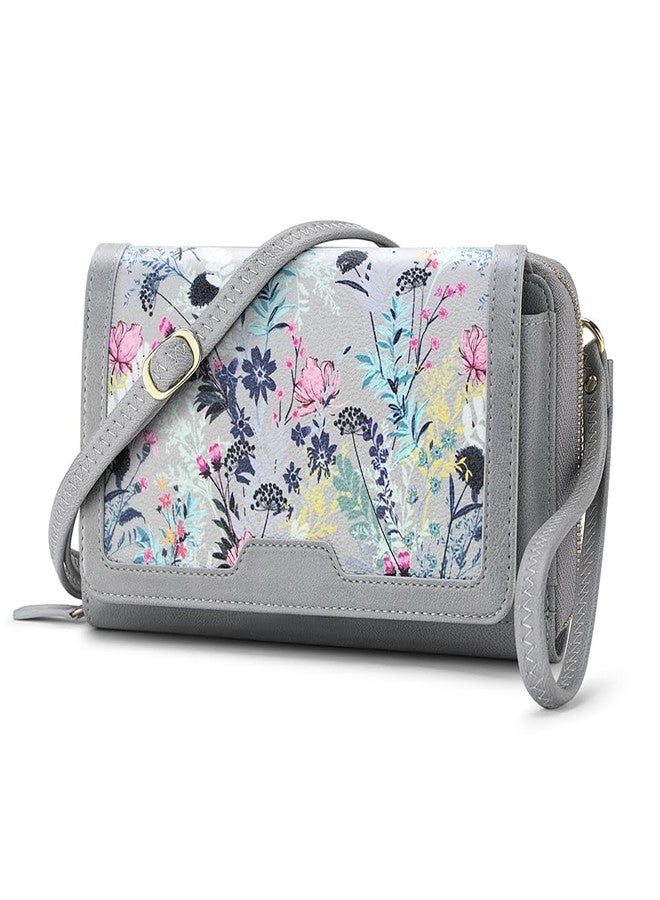 Peacocktion Crossbody Bags for Women RFID Wristlet Wallets Travel Vegan Leather Small Clutch Purses with Phone Pocket Zipper, 03-floral Grey, Small - Image 1