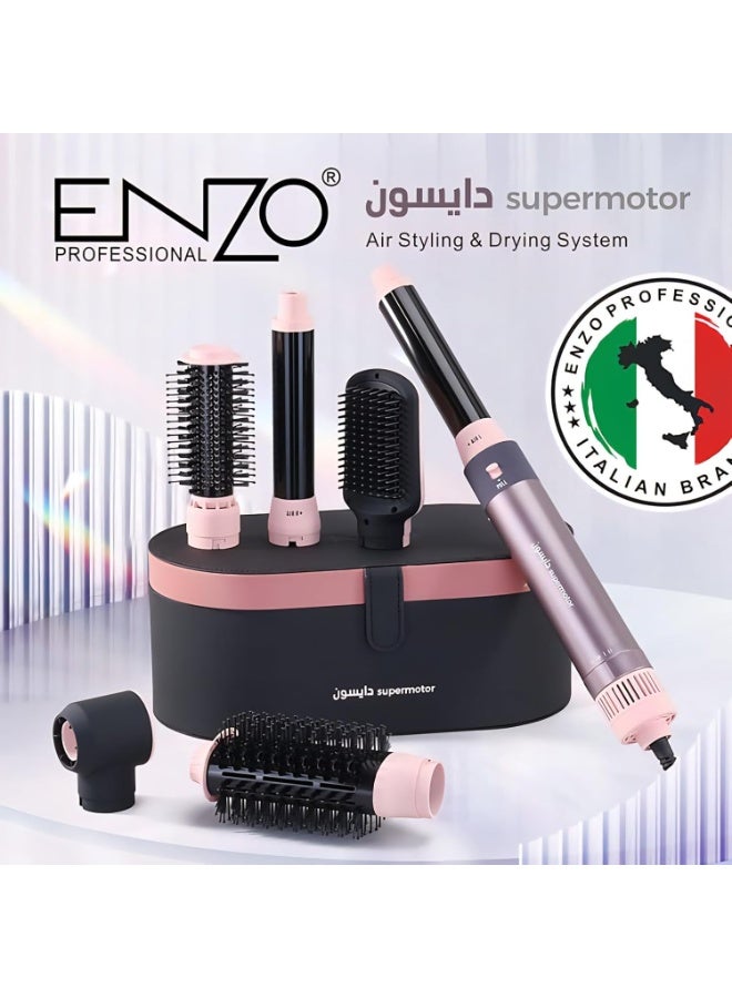 ENZO Professional مجموعة أدوات تصفيف الشعر المتعددة الوظائف إنزو 6 في 1 | EN-4133-5 مكواة شعر سوداء، فرشاة حجم ساخنة، مكواة تجعيد دوارة تلقائية بدرجة حرارة من 50°C إلى 110°C | 1500 واط... - Image 1