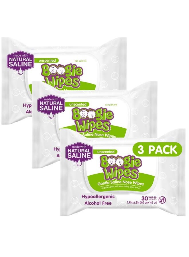Boogie Saline Nose Wipes by Boogie, for Baby & Kids, Face, Hand & Body, FSA/HSA Eligible, Made with Vitamin E, Aloe, and Natural Saline, Unscented, 30 Count (Pack of 3)  - Image 1