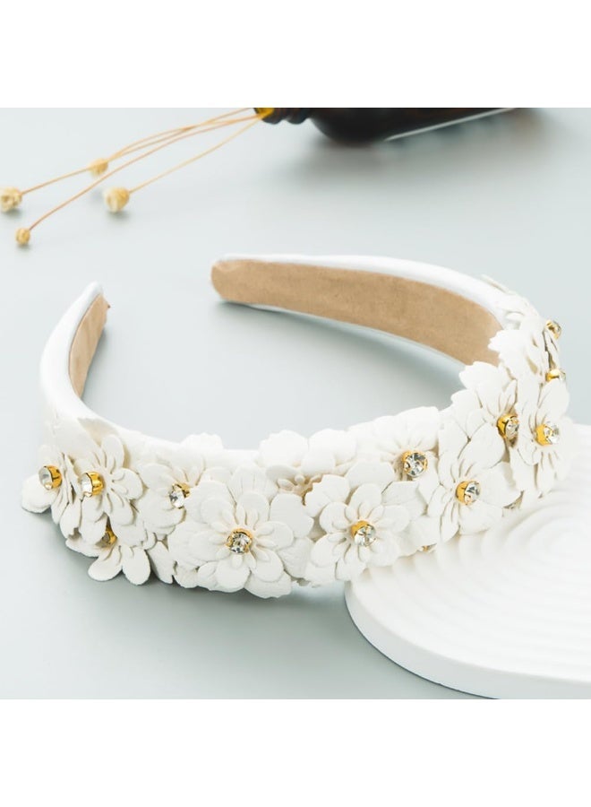 طوق رأس أنيق بتصميم زهور عتيق للنساء، طوق رأس عريض مرصع بأحجار الراين لحفلات الزفاف، أبيض - Image 2