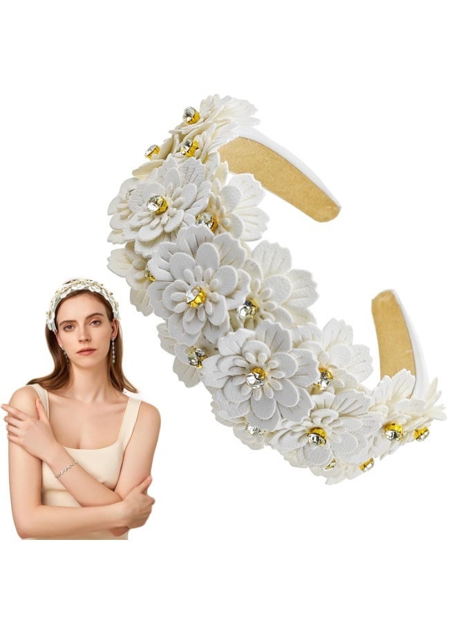 طوق رأس أنيق بتصميم زهور عتيق للنساء، طوق رأس عريض مرصع بأحجار الراين لحفلات الزفاف، أبيض - Image 1