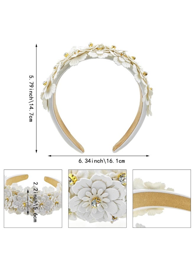 طوق رأس أنيق بتصميم زهور عتيق للنساء، طوق رأس عريض مرصع بأحجار الراين لحفلات الزفاف، أبيض - Image 3