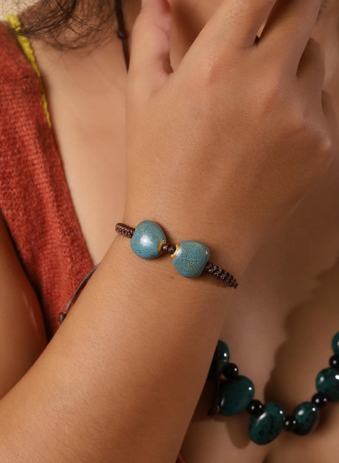 MINACHI Bohemian Blue Heart Shape Ceramic Bead Adjustable Leather Bracelet, Boho Hippie Summer Jewelry Gift for Women - Image 4
