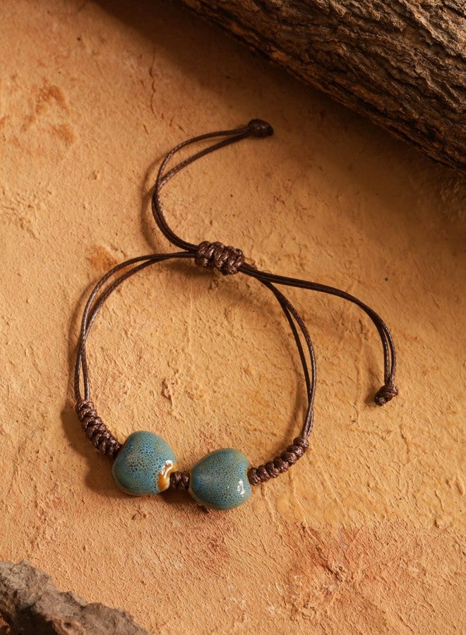 MINACHI Bohemian Blue Heart Shape Ceramic Bead Adjustable Leather Bracelet, Boho Hippie Summer Jewelry Gift for Women - Image 3