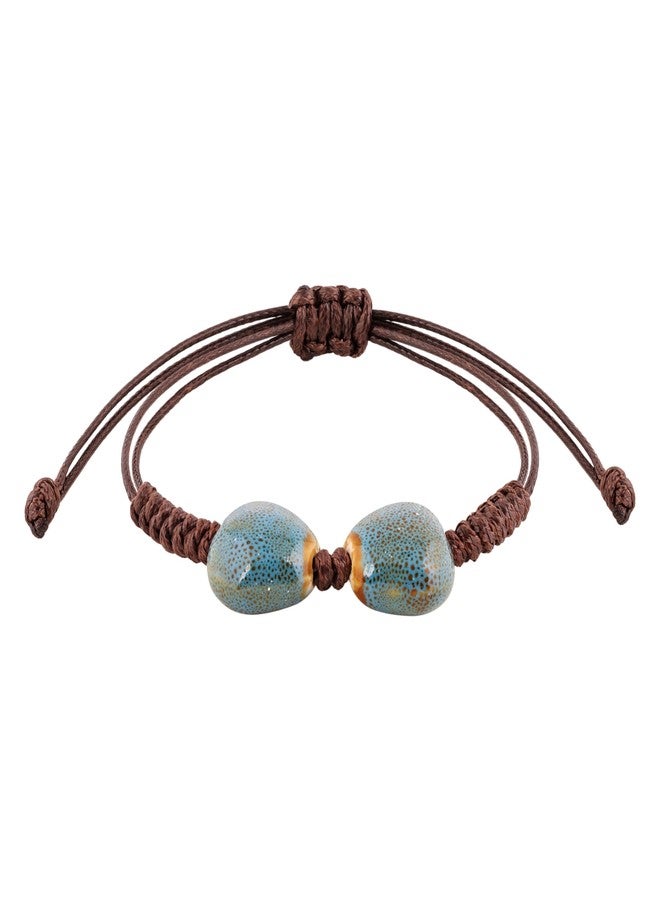 MINACHI Bohemian Blue Heart Shape Ceramic Bead Adjustable Leather Bracelet, Boho Hippie Summer Jewelry Gift for Women - Image 1
