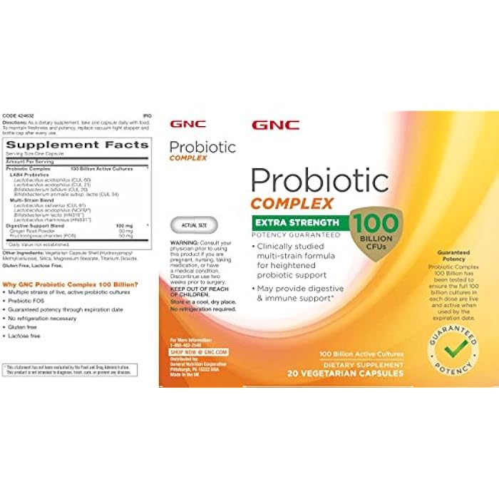GNC Probiotic Complex Extra Strength with 100 Billion CFUs | for Heightened Probiotic Support and Digestive & Immune Support, Vegetarian | 20 Capsules - Image 3