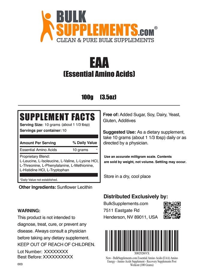 BULKSUPPLEMENTS.COM Essential Amino Acids Powder - EAA Powder - Essential Amino Acids Supplement - EAAs Amino Acids Powder - 10g per Serving, 10 Servings (100 Grams - 3.5 oz) - Image 2