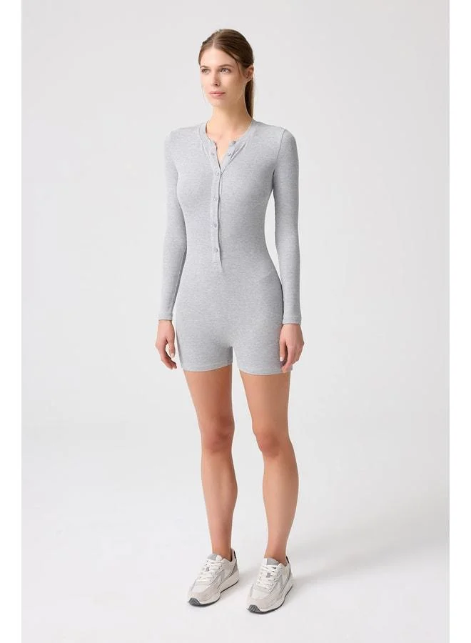 Los Ojos x Melody Grey Mélange Ribbed Long Sleeve Short Jumpsuit Romper.