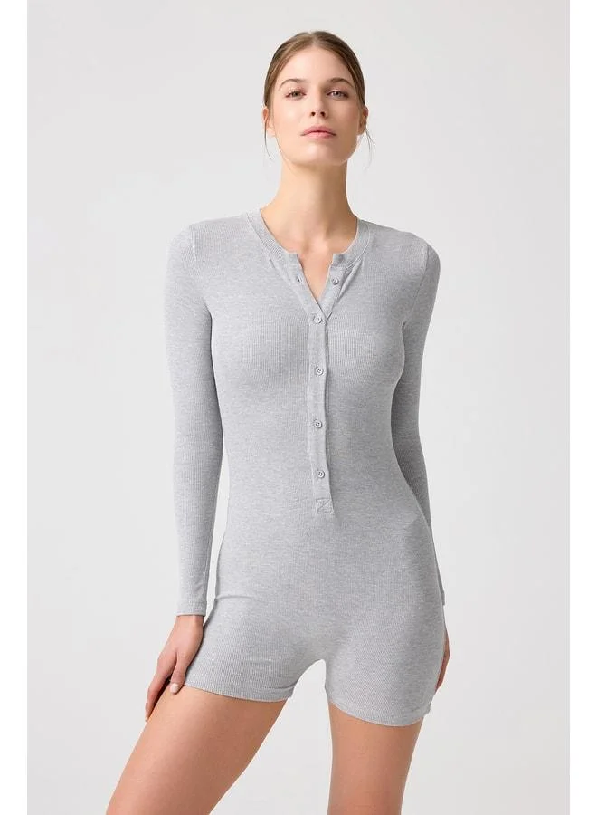Los Ojos x Melody Grey Mélange Ribbed Long Sleeve Short Jumpsuit Romper.
