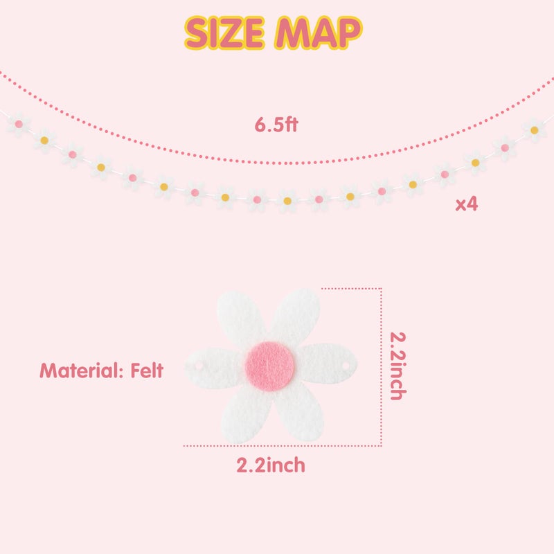 A1diee 4Pcs Summer Daisy Groovy Boho Garland Felt Artificial White Flower Vines Banner Spring Daisy Party Supplies Flower Garlands Aesthetic Indoor Outdoor Decoration for Wall Patio Nursery Home Room - Image 2