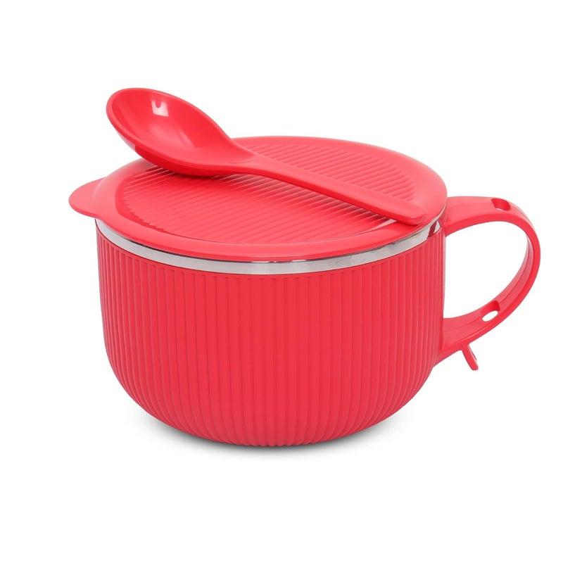 JAYPEE PLUS وعاء حساء ريب توك من الفولاذ المقاوم للصدأ مع غطاء وملعقة لوجبة الإفطار اليومية، بوهة، كورن فليكس، حبوب، مناسب كهدية عيد ميلاد للبنات والأولاد، 900 مل، أحمر - Image 1