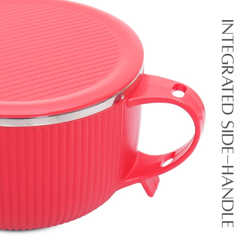 JAYPEE PLUS وعاء حساء ريب توك من الفولاذ المقاوم للصدأ مع غطاء وملعقة لوجبة الإفطار اليومية، بوهة، كورن فليكس، حبوب، مناسب كهدية عيد ميلاد للبنات والأولاد، 900 مل، أحمر - Image 3