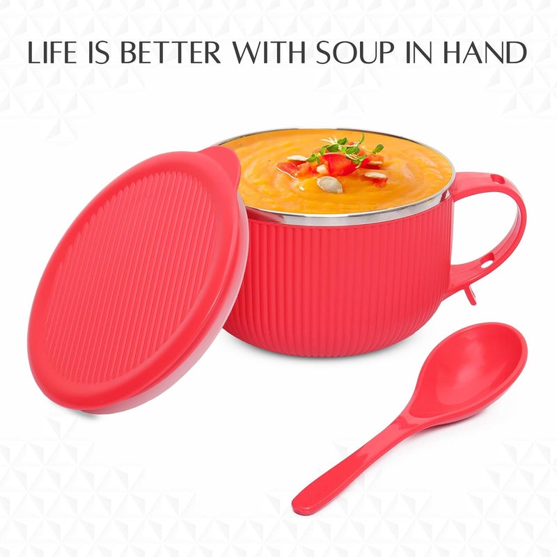 JAYPEE PLUS وعاء حساء ريب توك من الفولاذ المقاوم للصدأ مع غطاء وملعقة لوجبة الإفطار اليومية، بوهة، كورن فليكس، حبوب، مناسب كهدية عيد ميلاد للبنات والأولاد، 900 مل، أحمر - Image 2