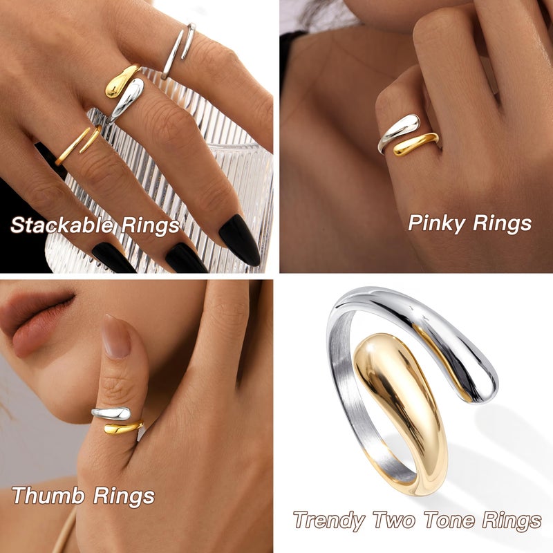Poxtex Two Tone Gold Silver Statement Band Ring for Women, Non Tarnish Mixed Metal Ring Jewelry Size 7 - Image 3
