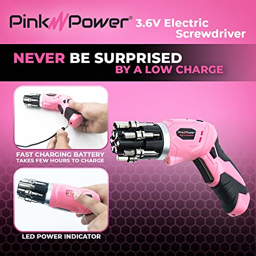 Pink Power Cordless Electric Screwdriver Set - 4V Rechargeable Pink Cordless Screwdriver Set for Women with Bubble Level and LED Light - Small Screwdriver Set with Pivotal Handle and Fold-Out Bits - Image 3