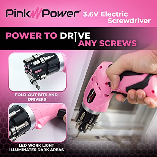 Pink Power Cordless Electric Screwdriver Set - 4V Rechargeable Pink Cordless Screwdriver Set for Women with Bubble Level and LED Light - Small Screwdriver Set with Pivotal Handle and Fold-Out Bits - Image 5