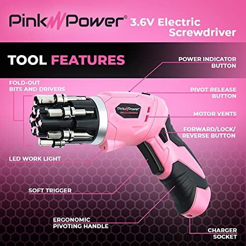 Pink Power Cordless Electric Screwdriver Set - 4V Rechargeable Pink Cordless Screwdriver Set for Women with Bubble Level and LED Light - Small Screwdriver Set with Pivotal Handle and Fold-Out Bits - Image 2