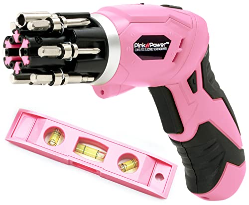 Pink Power Cordless Electric Screwdriver Set - 4V Rechargeable Pink Cordless Screwdriver Set for Women with Bubble Level and LED Light - Small Screwdriver Set with Pivotal Handle and Fold-Out Bits - Image 1