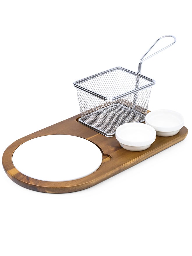 Shallow طقم تقديم من 4 قطع من الخشب الأكاسيا والبورسلين مع سلة - Image 1