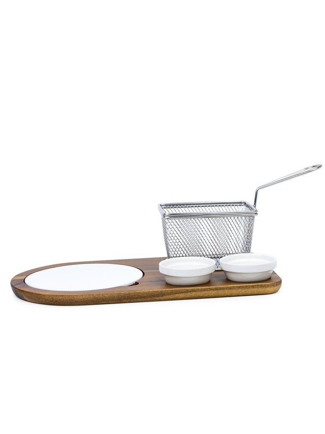 Shallow طقم تقديم من 4 قطع من الخشب الأكاسيا والبورسلين مع سلة - Image 2