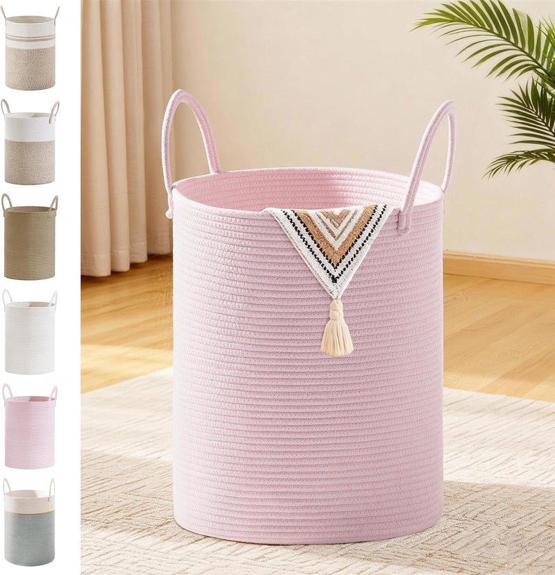 SunNewt Girls' Tall Laundry Basket with Handles, 53L Portable Dirty Clothes Hamper, Boho Cotton Rope Storage Bin for Blankets Kids Toys Gifts, Decorative Organizer for Nursery Bedroom Bathroom, Pink - Image 1