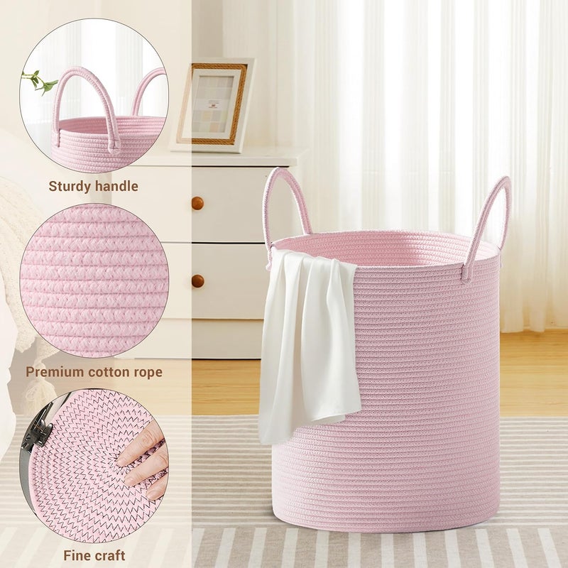 SunNewt Girls' Tall Laundry Basket with Handles, 53L Portable Dirty Clothes Hamper, Boho Cotton Rope Storage Bin for Blankets Kids Toys Gifts, Decorative Organizer for Nursery Bedroom Bathroom, Pink - Image 3