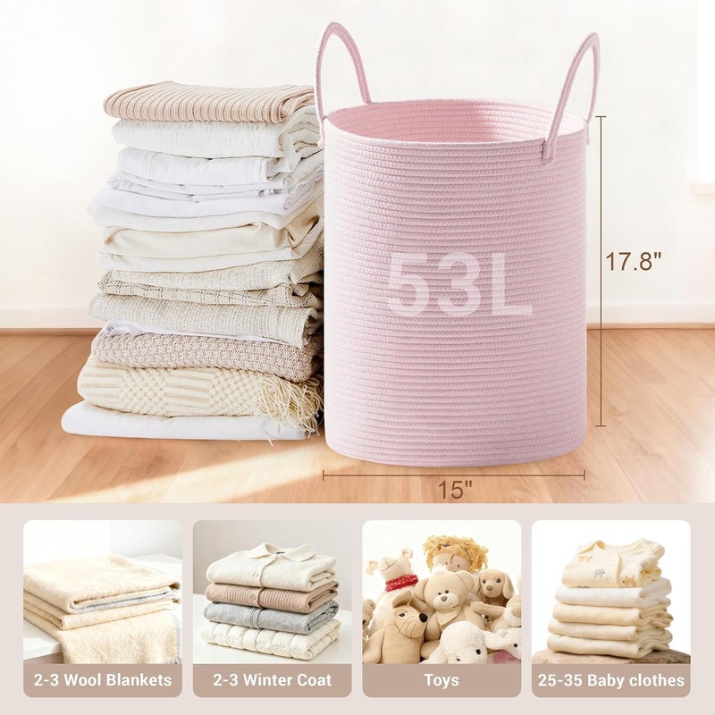 SunNewt Girls' Tall Laundry Basket with Handles, 53L Portable Dirty Clothes Hamper, Boho Cotton Rope Storage Bin for Blankets Kids Toys Gifts, Decorative Organizer for Nursery Bedroom Bathroom, Pink - Image 2